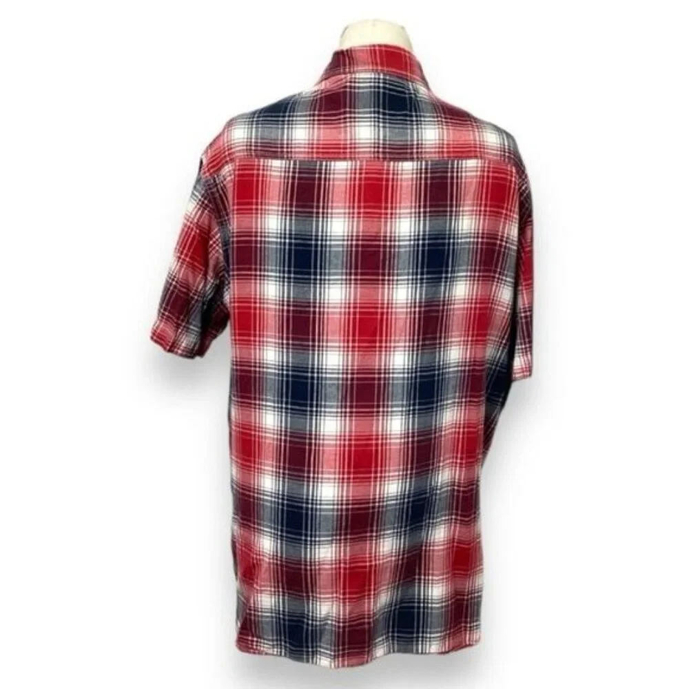 Mens Cactus Madras Plaid Short Sleeve Button-Up Shirt XXL Red & Blue Cotton